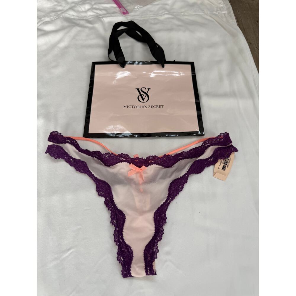 Victoria’s Secret Vintage Sheer & Lace Thong Panty – Purple/White – Size XS 2015